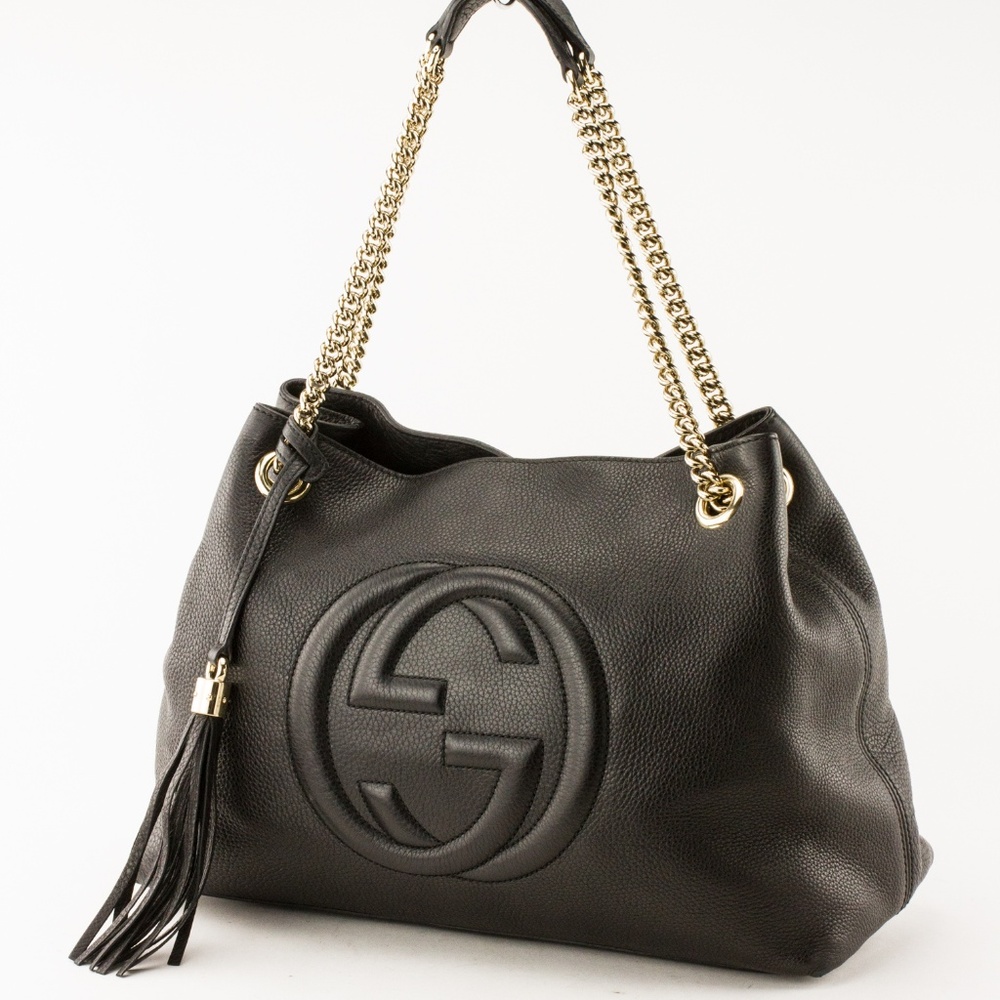 Gucci Black Leather Soho Gold Chain Strap Tote Bag
